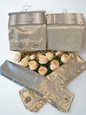 New Chic Home Black Out Panels, Creme and Silver Print, Each Panel 38 W x 63 L